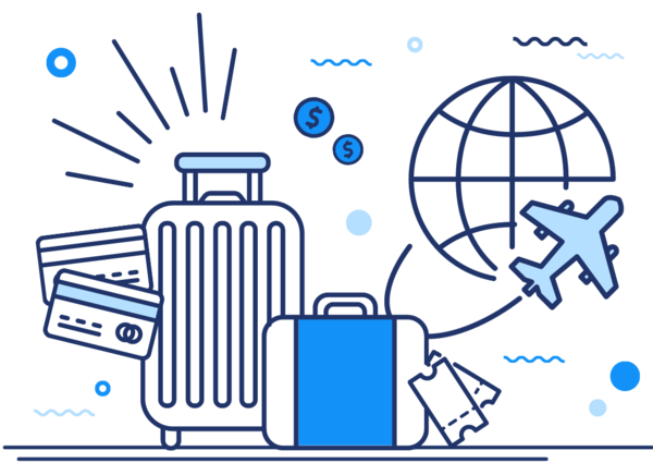 luggage, plane, globe, and credit cards representing travel agency merchant account