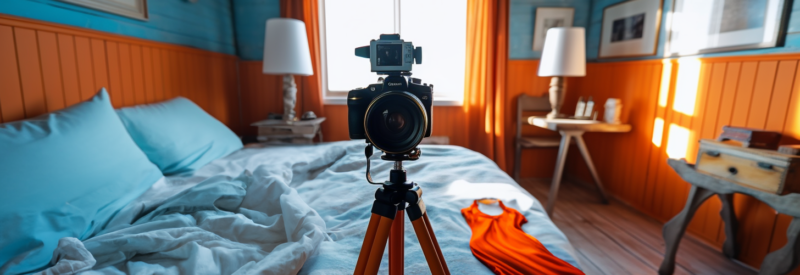 camera on a tripod in a bedroom with a messy bed and clothes strewn about