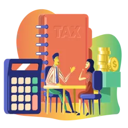 Two merchants, surrounded by money, a giant calcluator, and a tax booklet, discuss how to start a virtual tax preparation business.