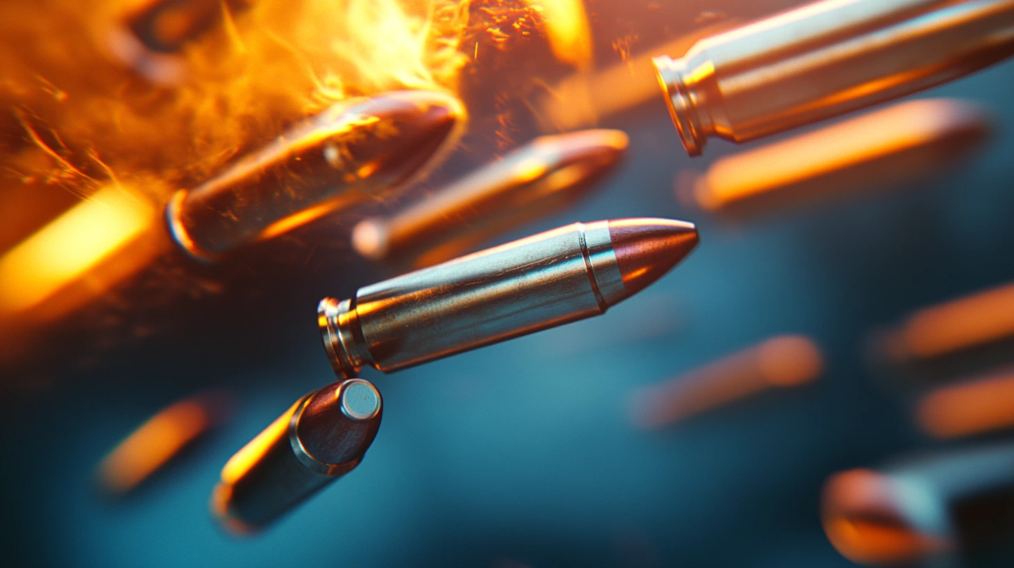 Close-up of bullets in motion with fiery accents