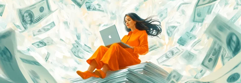 A woman in a vibrant orange outfit sits on a stack of documents with a laptop, surrounded by flying dollar bills