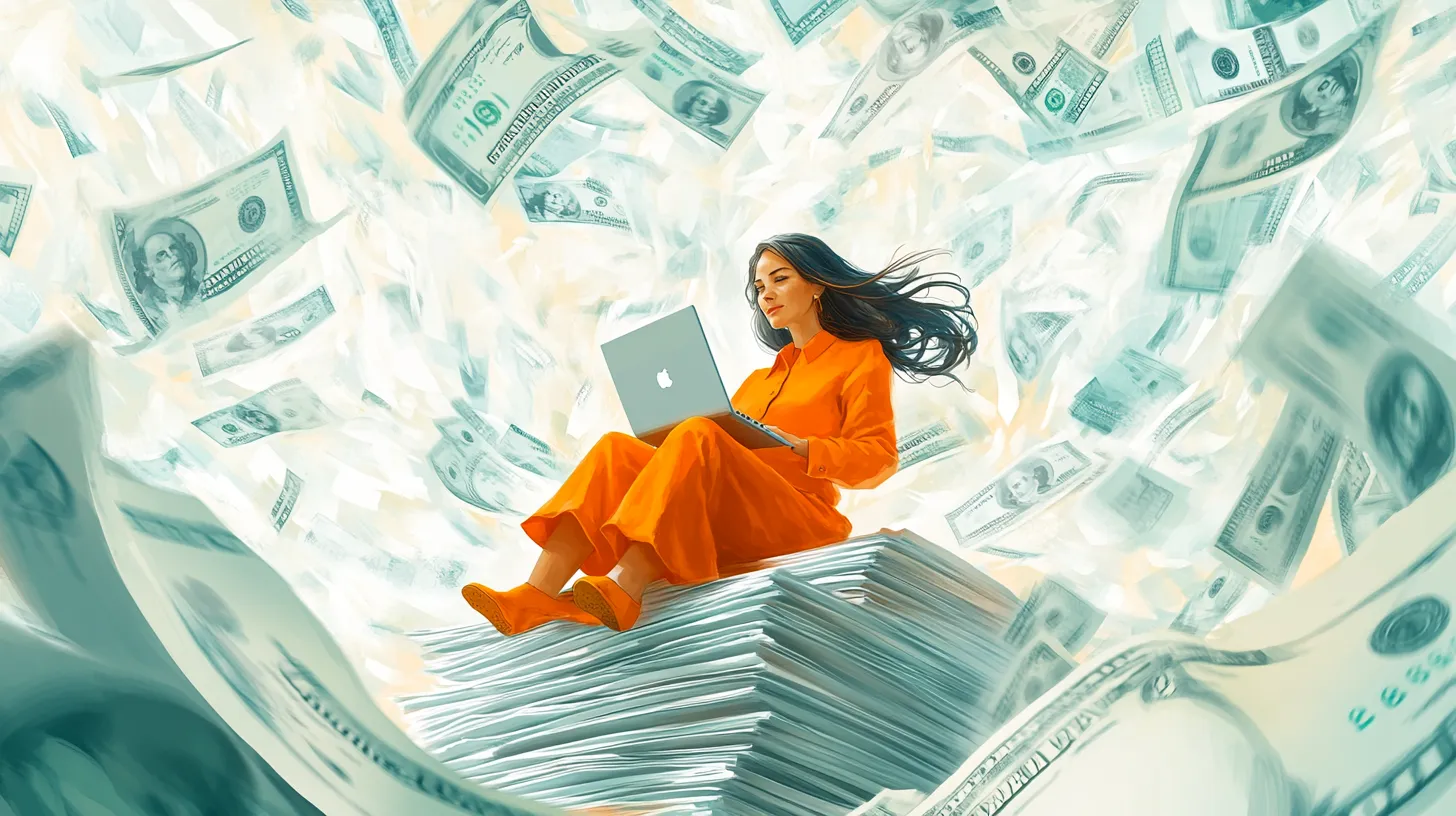 A woman in a vibrant orange outfit sits on a stack of documents with a laptop, surrounded by flying dollar bills