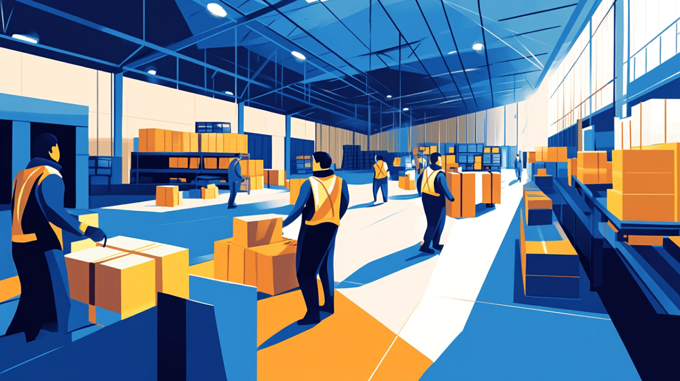 Product sourcing warehouse with workers hauling ecommerce products