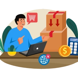 Small business owner surrounded by boxes, a calculator, and coins overseeing payment processing for a  B2B payment.