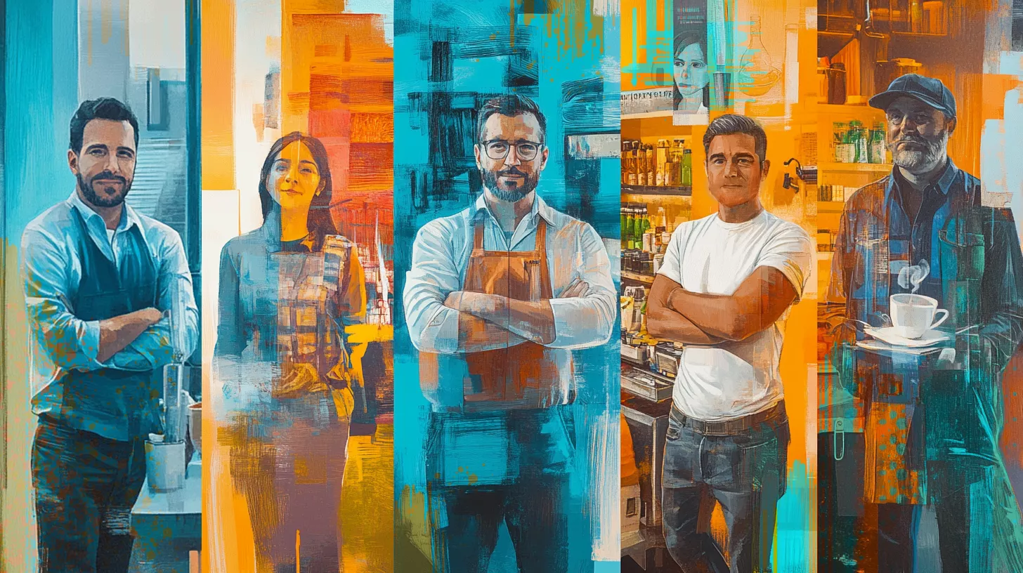 A group of diverse small business owners standing confidently in a vibrant, colorful composition