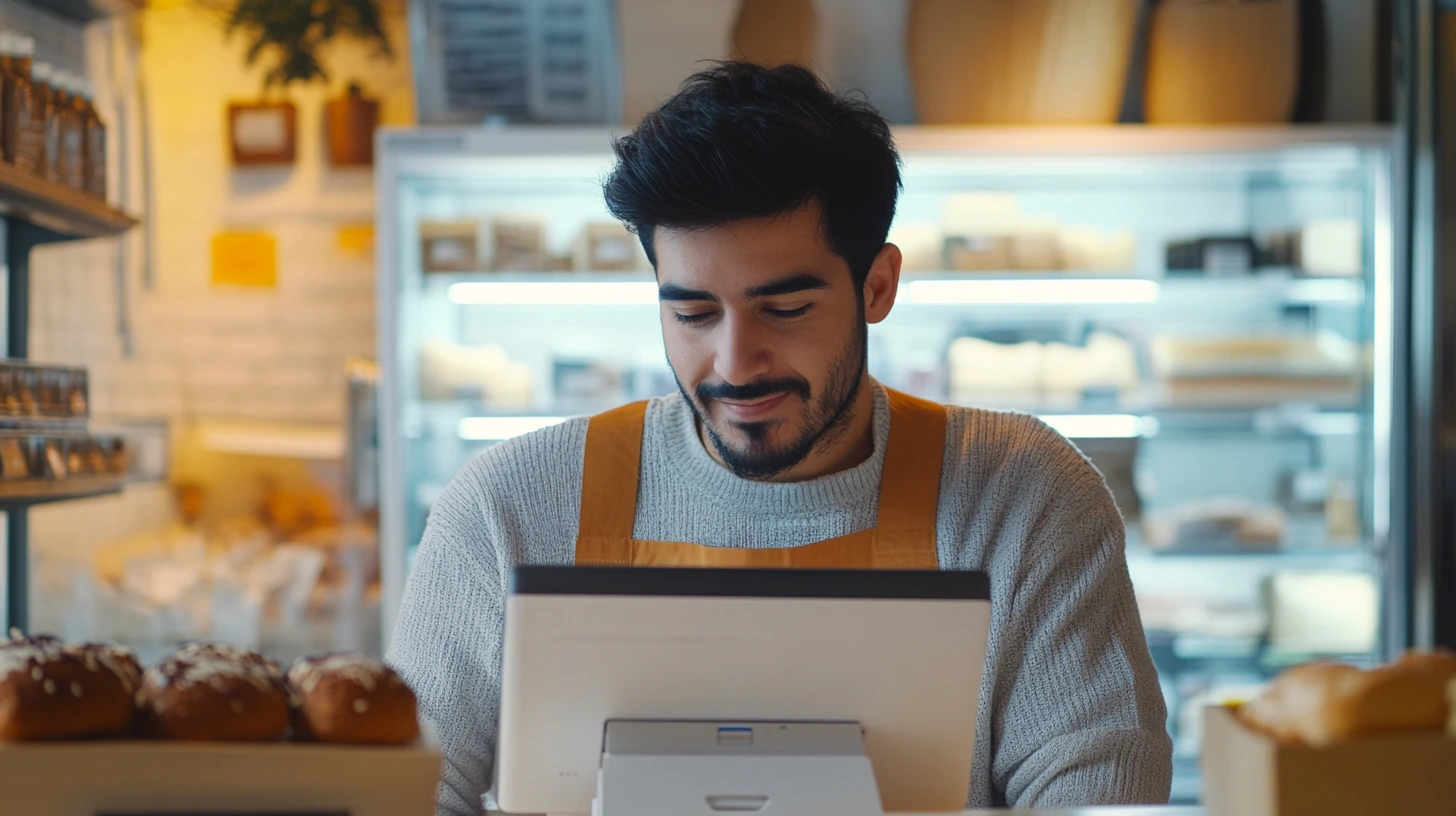 hispanic business owner with minority small business grant looking at pos system