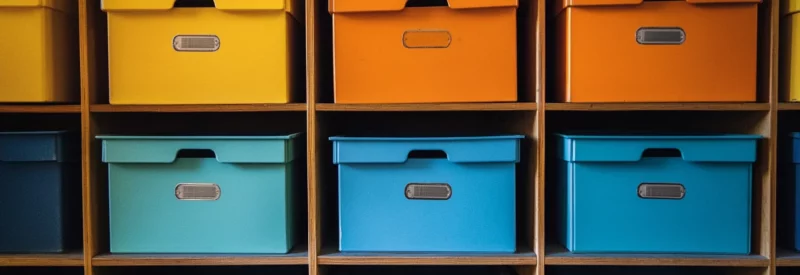 Colorful inventory boxes on a wall shelf with labels.