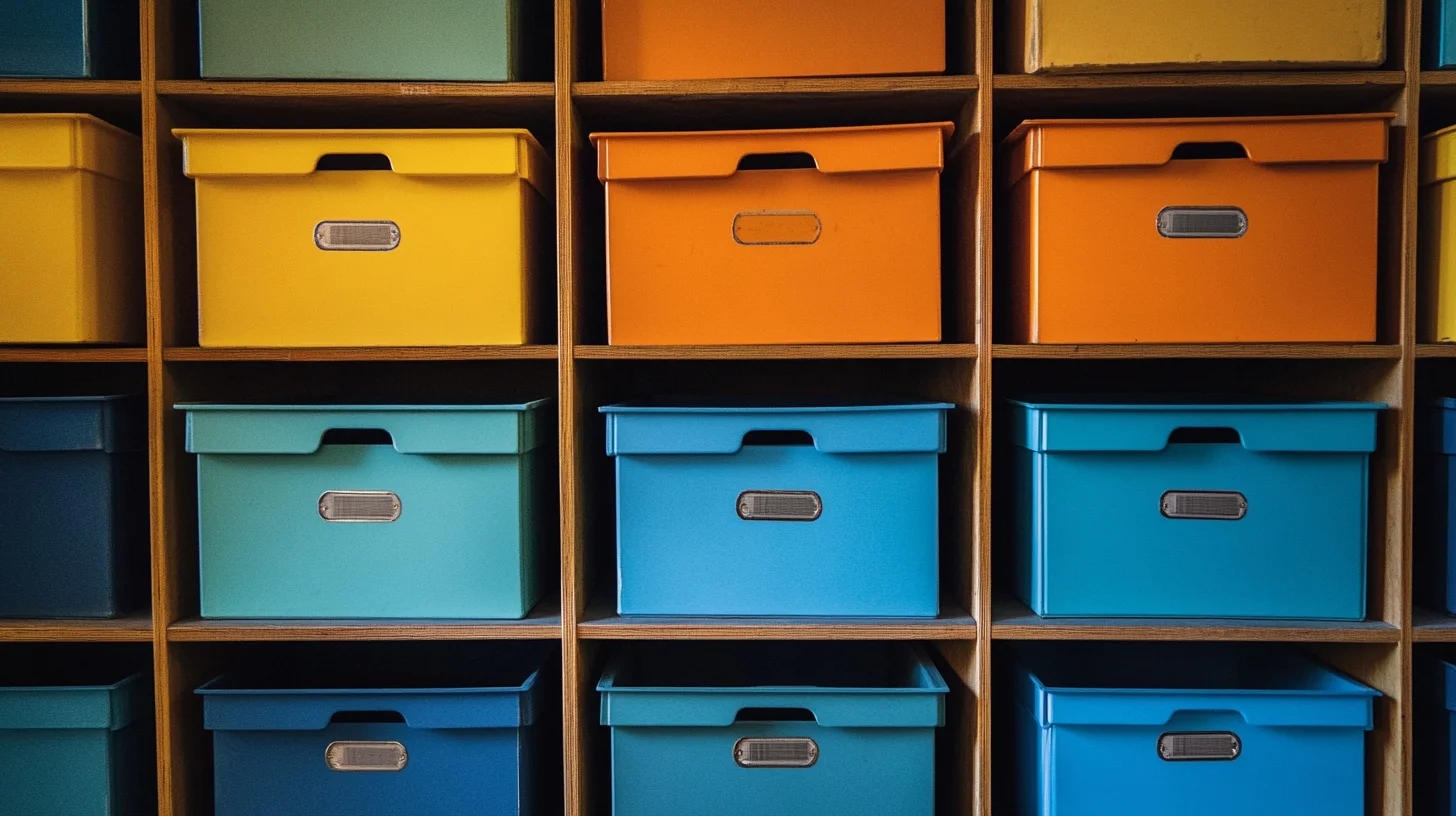 Colorful inventory boxes on a wall shelf with labels.