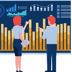 Merchants looking at a graph that depicts fixed APR in the form of charts and various stats. 