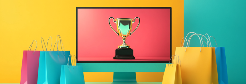 Computer monitor displaying best ecommerce selling platforms trophy surrounded by shopping bags