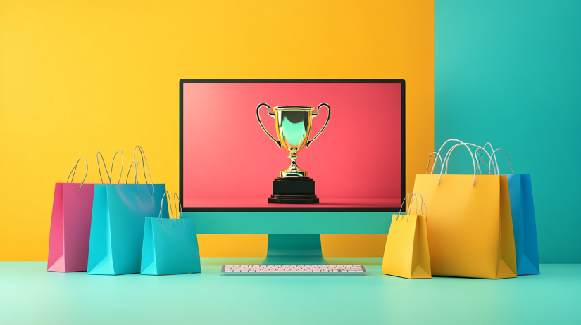 Computer monitor displaying best ecommerce selling platforms trophy surrounded by shopping bags