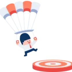 Merchant parachuting onto target that will be used for target practice at a gun show, where firearms are bought and sold. 