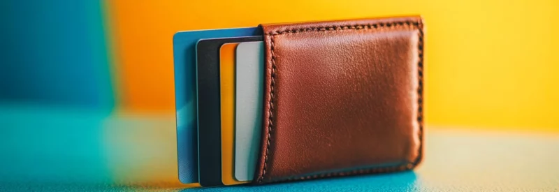 Credit cards peeking out of wallet on counter