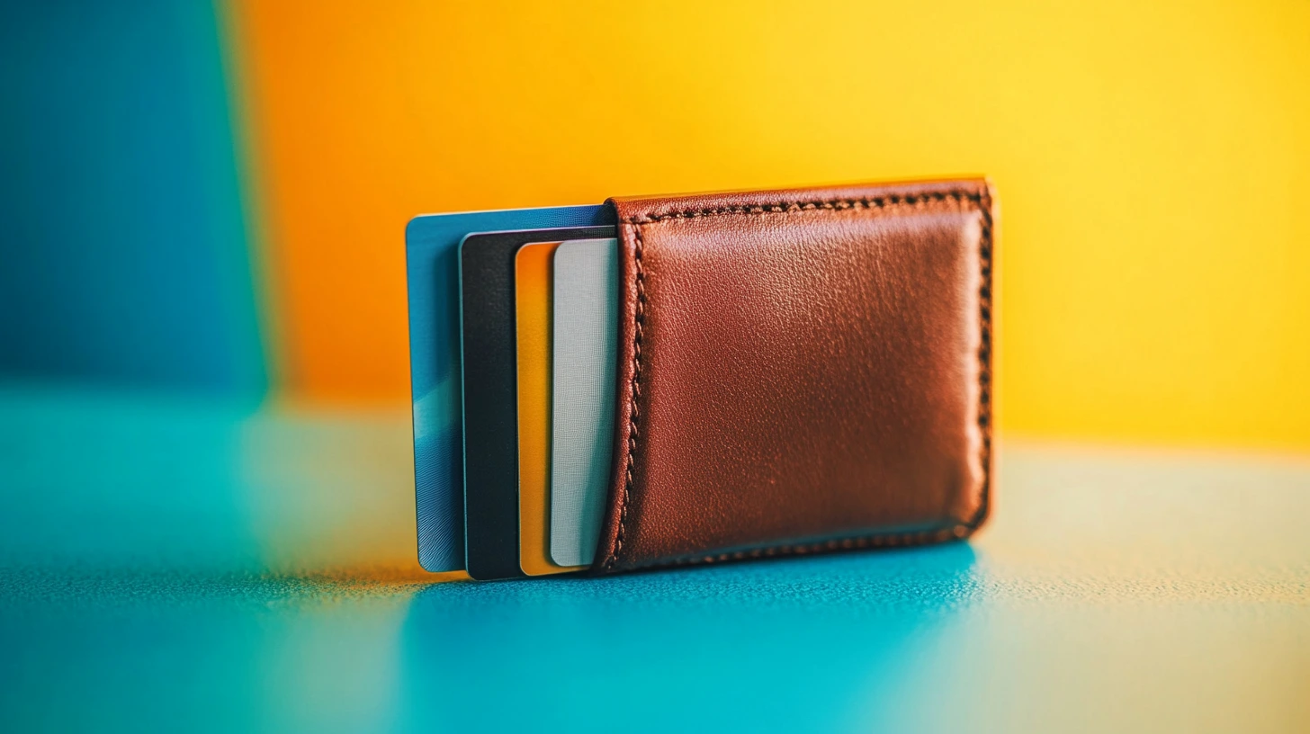 Credit cards peeking out of wallet on counter