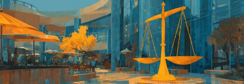 Scales in front of small business symbolizing legal requirements