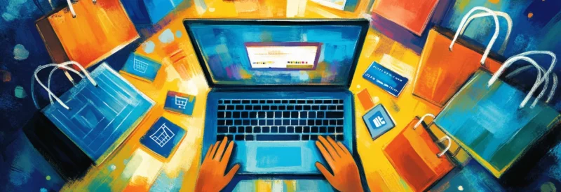 A vibrant illustration of hands on a laptop surrounded by shopping bags, credit cards, and online cart icons, symbolizing the steps to selling on an online marketplace.