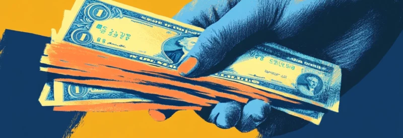 A stylized illustration of a hand holding a stack of paper money in blue, yellow, and orange tones.