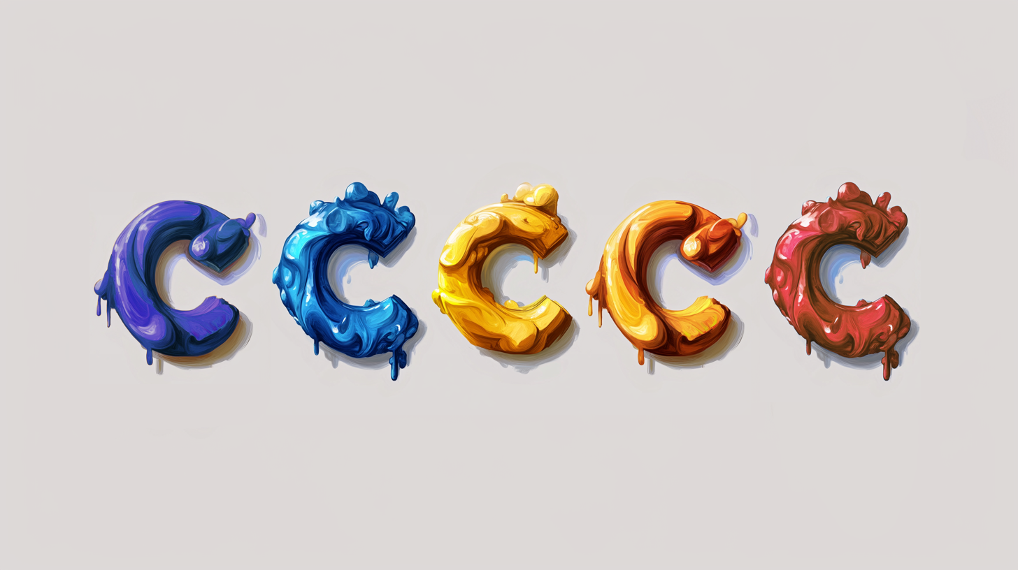 An artistic depiction of five colorful, dripping letter "C" designs in a row, representing the five Cs of credit.