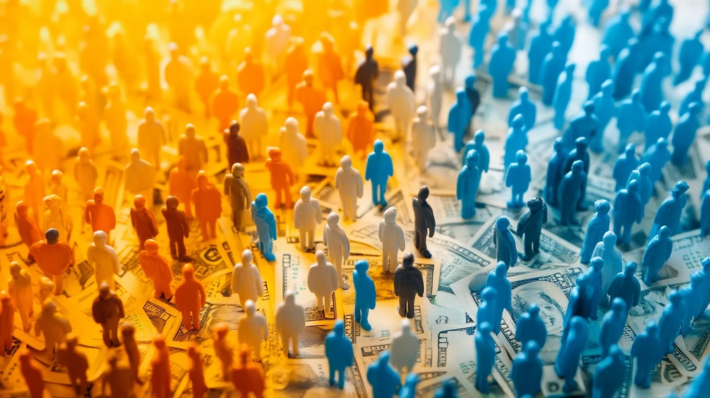 A scene of small figurines in shades of orange, white, and blue standing on a surface covered with U.S. dollar bills, symbolizing economic demographics and financial distribution. ​​