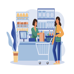 Illustration of a cashier handing a shopping bag to a customer using wireless credit card processing