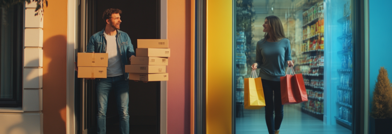 A split-screen image showing a man receiving multiple packages at his doorstep, representing online shopping, while a woman exits a retail store with shopping bags, symbolizing in-store shopping.