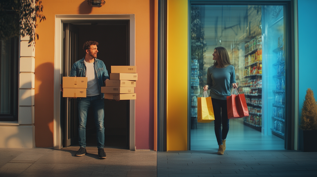 A split-screen image showing a man receiving multiple packages at his doorstep, representing online shopping, while a woman exits a retail store with shopping bags, symbolizing in-store shopping.