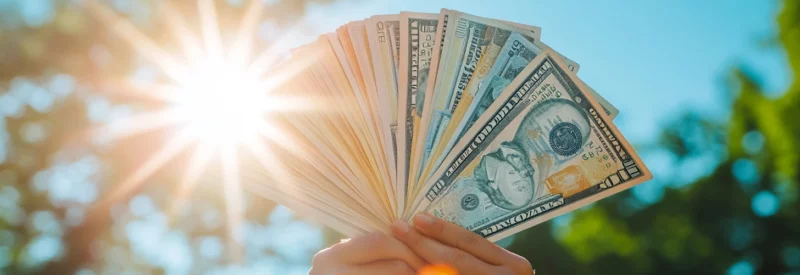 A person holds a fan of U.S. dollar bills against a bright blue sky, with sunlight shining through the money, symbolizing financial success and wealth.