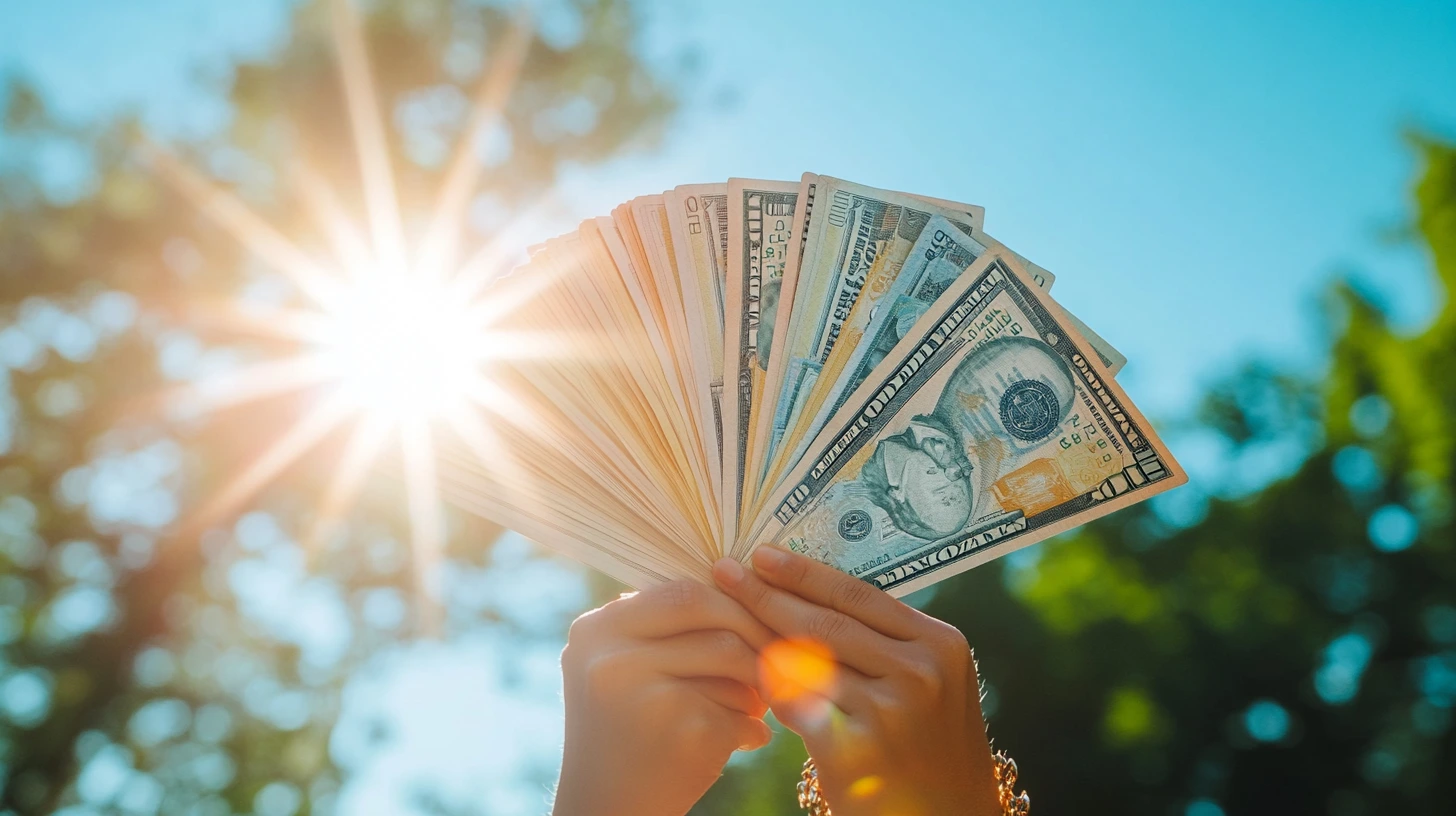 A person holds a fan of U.S. dollar bills against a bright blue sky, with sunlight shining through the money, symbolizing financial success and wealth.