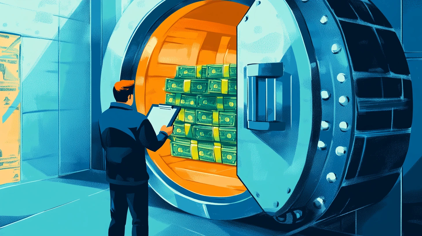 A person holding a clipboard taking inventory of money, guarding a bank vault.