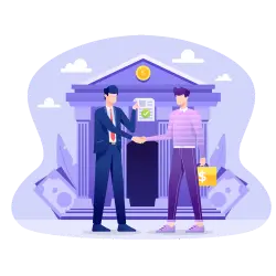 A merchant shaking hands with a loan officer outside a bank after getting approved for a bridge loan.