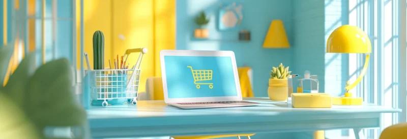 A bright, colorful workspace featuring a laptop with a shopping cart icon on the screen, surrounded by modern decor