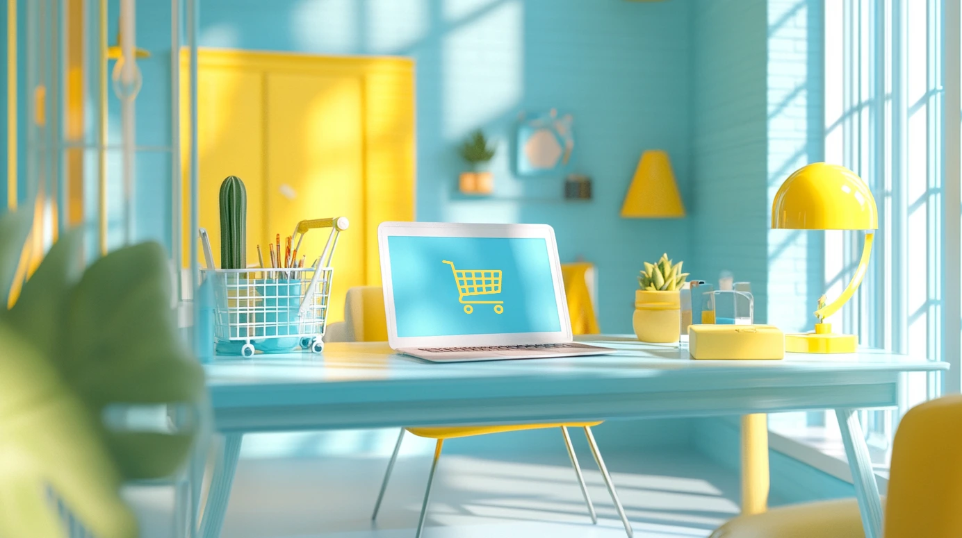 A bright, colorful workspace featuring a laptop with a shopping cart icon on the screen, surrounded by modern decor