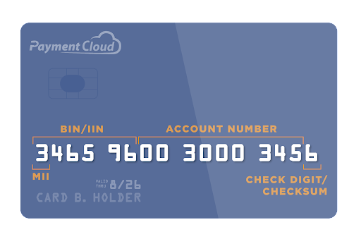 credit card showing BIN number, MII, account number, and check digit