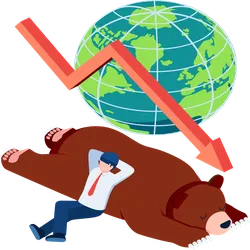 Businessman leaning against bear lying next to globe with decreasing churn rate arrow.