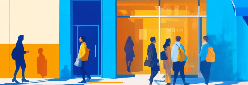 A stylized illustration of people walking past and entering a storefront, with warm sunlight casting long shadows on the sidewalk.