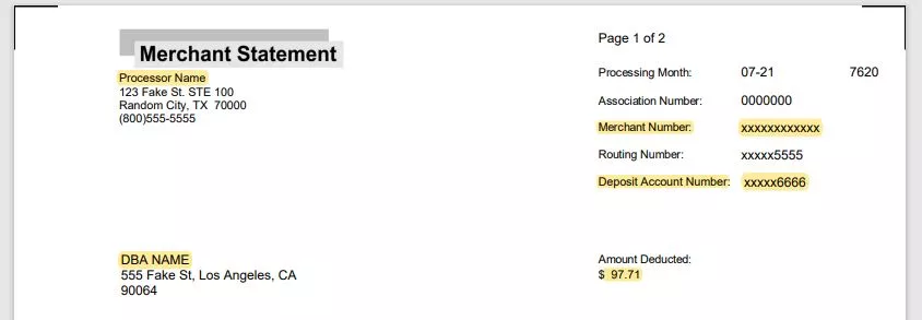 Example merchant statement first page