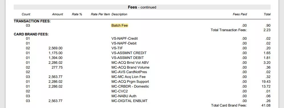 batch fees example on merchant agreement