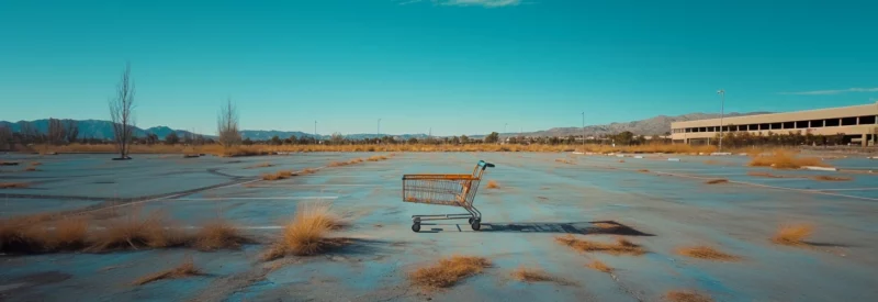 A single shopping cart left in an abandoned parking lot