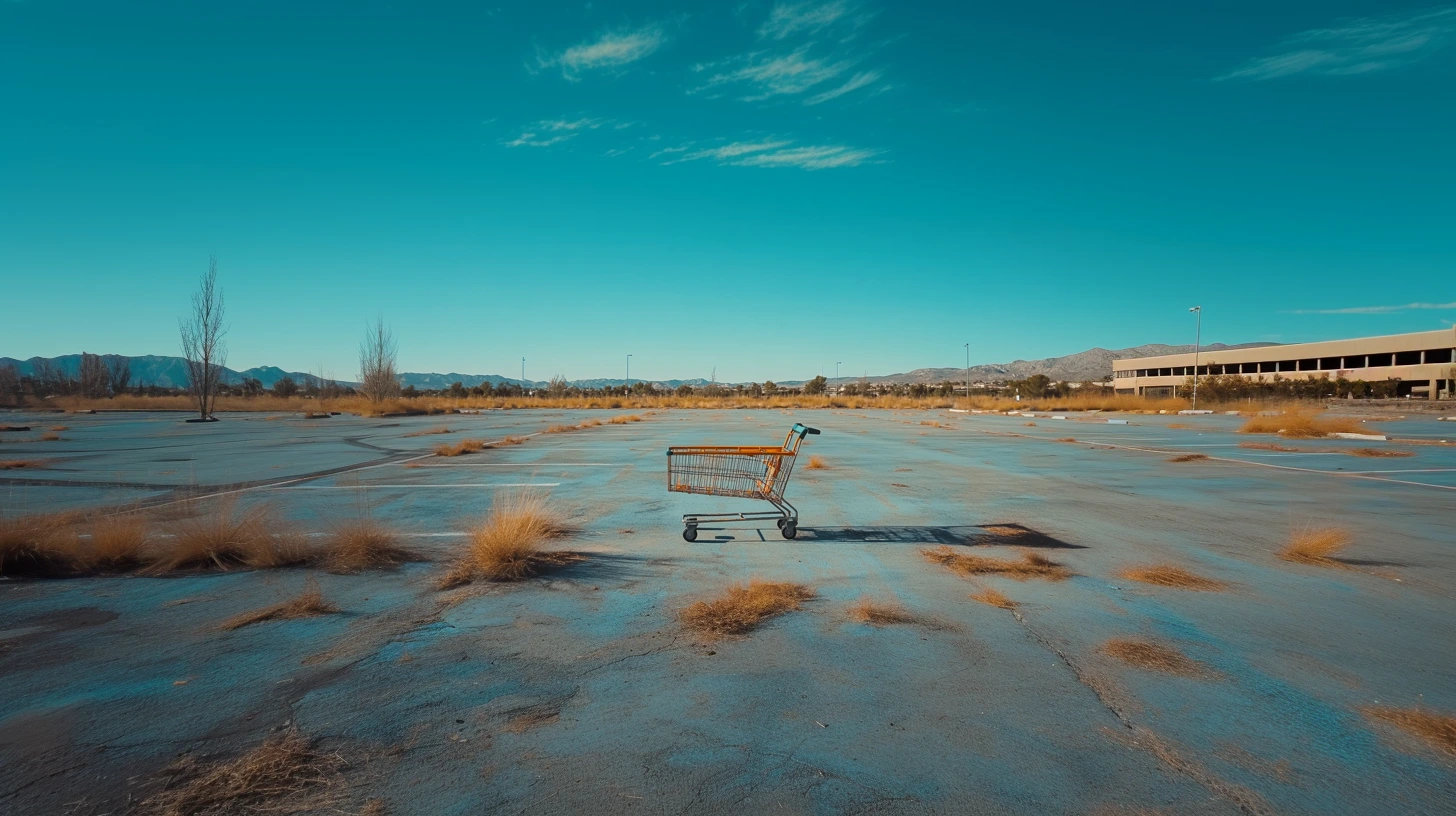 A single shopping cart left in an abandoned parking lot