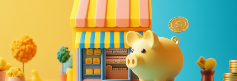 A colorful 3D illustration of a storefront with a striped awning, a large yellow piggy bank in the foreground, and a floating coin symbolizing business finances.