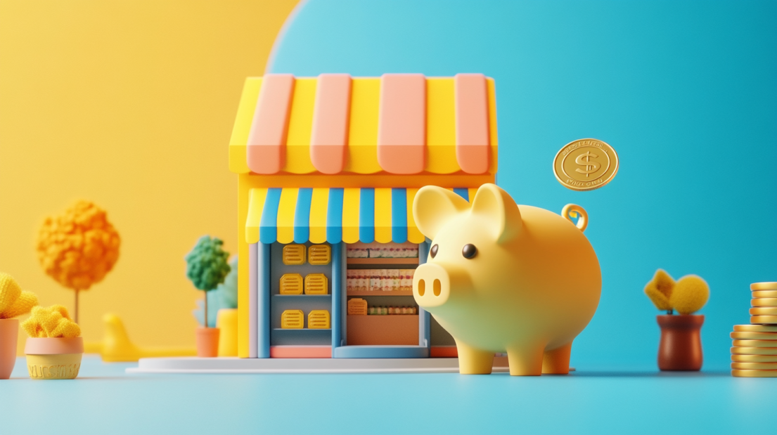 A colorful 3D illustration of a storefront with a striped awning, a large yellow piggy bank in the foreground, and a floating coin symbolizing business finances.