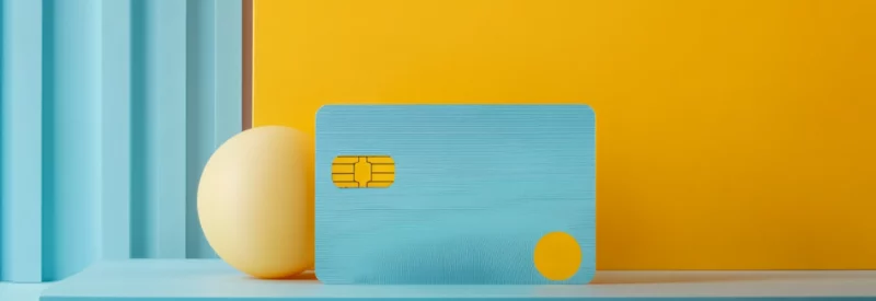 A blue credit card from a credit card issuer on a blue platform and yellow background.