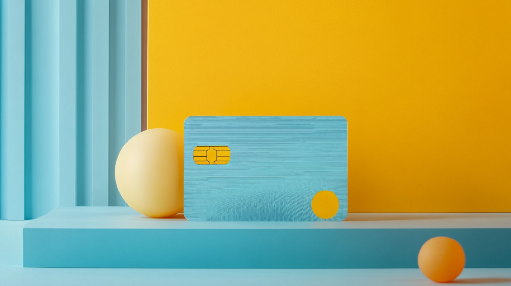 A blue credit card from a credit card issuer on a blue platform and yellow background.