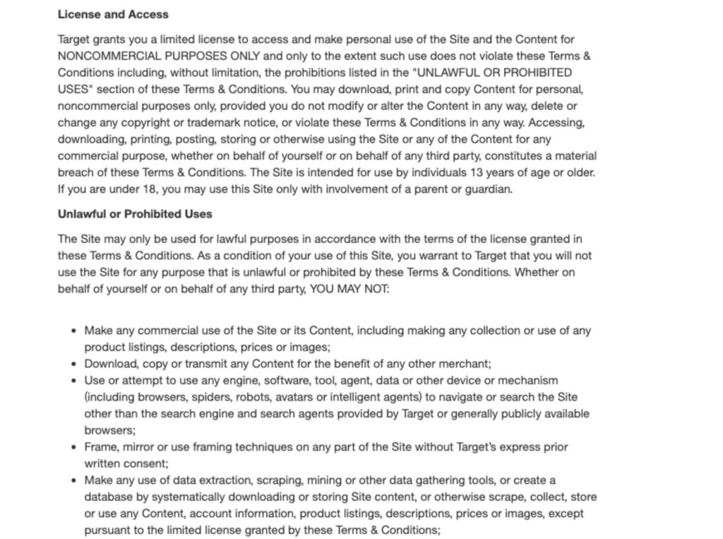 Target's terms and conditions policy example