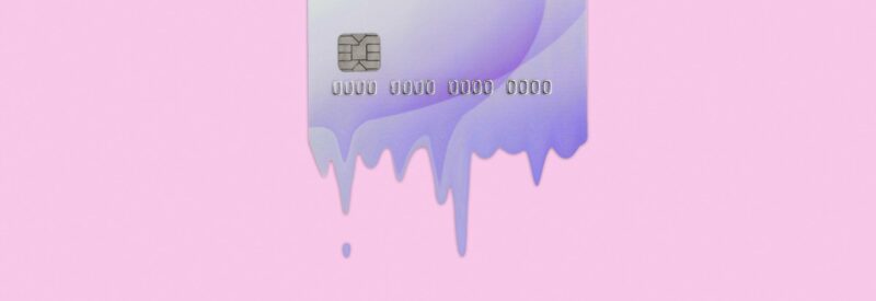 purple credit card melting from FANF against pink background