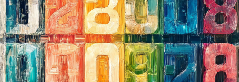 An abstract painting of large, colorful numbers arranged in a symmetrical pattern, representing classification systems and industry codes.