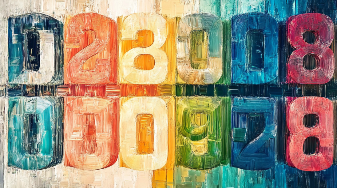 An abstract painting of large, colorful numbers arranged in a symmetrical pattern, representing classification systems and industry codes.