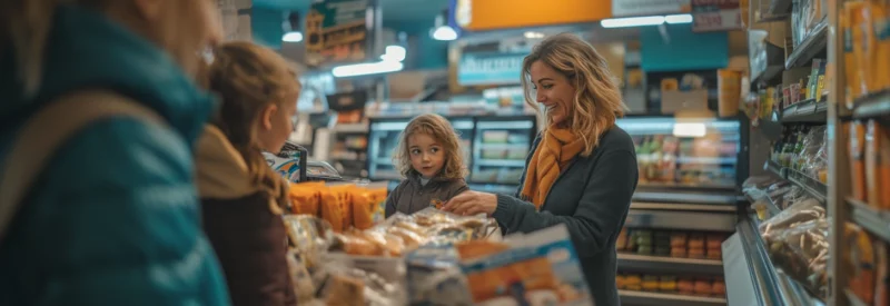 A friendly cashier assisting a mother and her children at a grocery store checkout