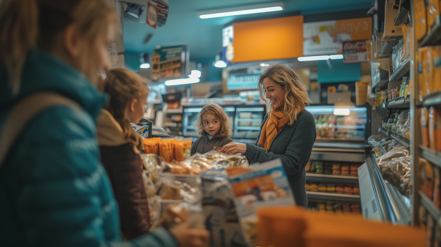 A friendly cashier assisting a mother and her children at a grocery store checkout