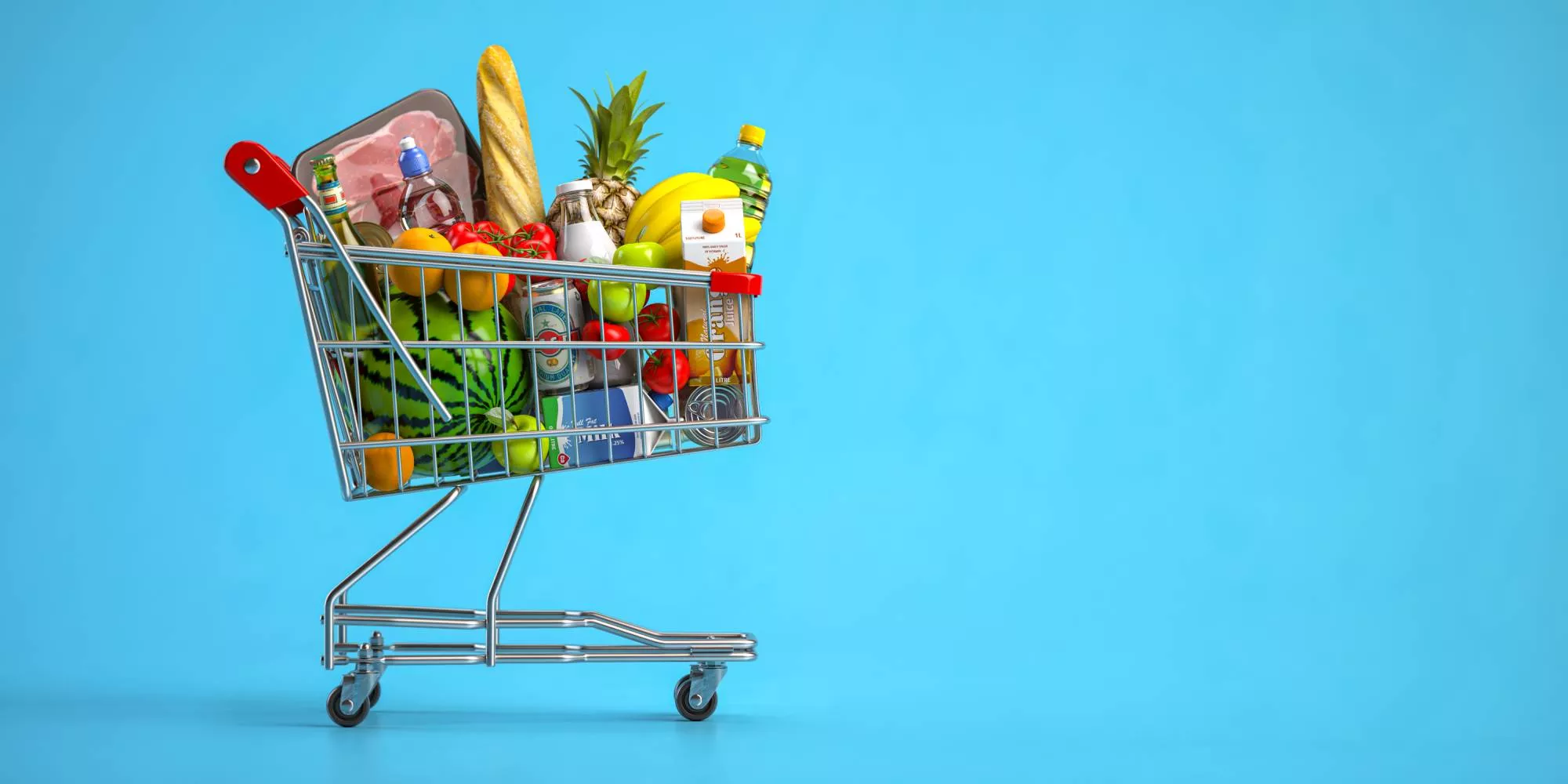 shopping cart full of fruits and vegetables bought at stores that accept EBT against blue background